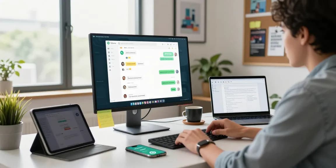 Engaged user utilizing WhatsApp電腦版 on a modern tech workspace.