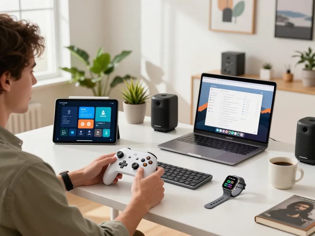 Showcasing affordable tech gadgets in a modern home office, featuring a Bluetooth controller, smartwatch, and keyboard in a bright setting.