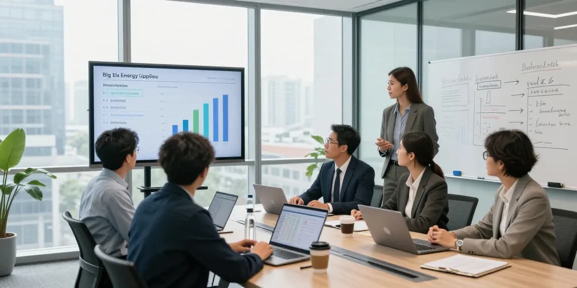 Team evaluating big six energy suppliers in modern conference room