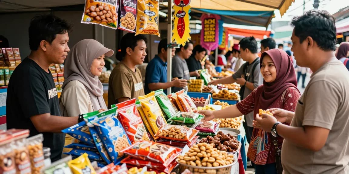 Experience the vibrant diversity of rokok 88's traditional Indonesian snacks in a lively marketplace.