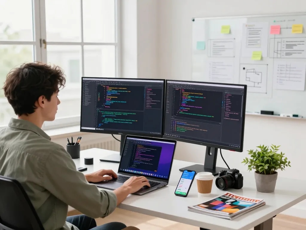 Developer using clawdbot in a modern workspace, showcasing code and tech gadgets in a bright office.