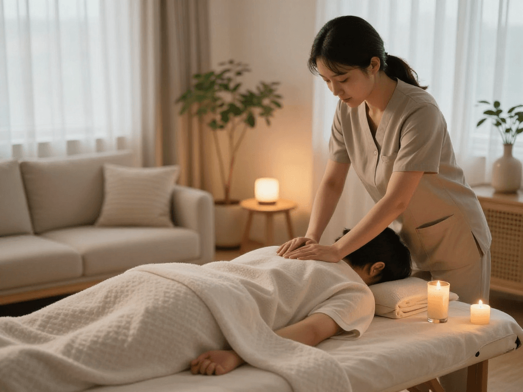 Enjoying a soothing 의정부출장마사지 at home with a professional therapist.