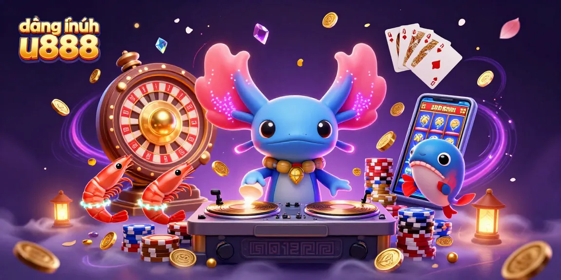 Engage with the vibrant world of đăng nhập u888 featuring a neon axolotl DJ and dynamic casino elements.