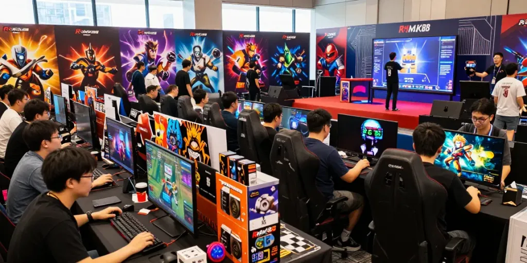 Engaging Rokok88 gaming convention scene with diverse participants and vibrant atmosphere.