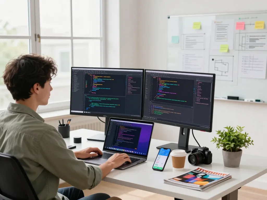 Developer using clawdbot in a modern workspace, showcasing code and tech gadgets in a bright office.