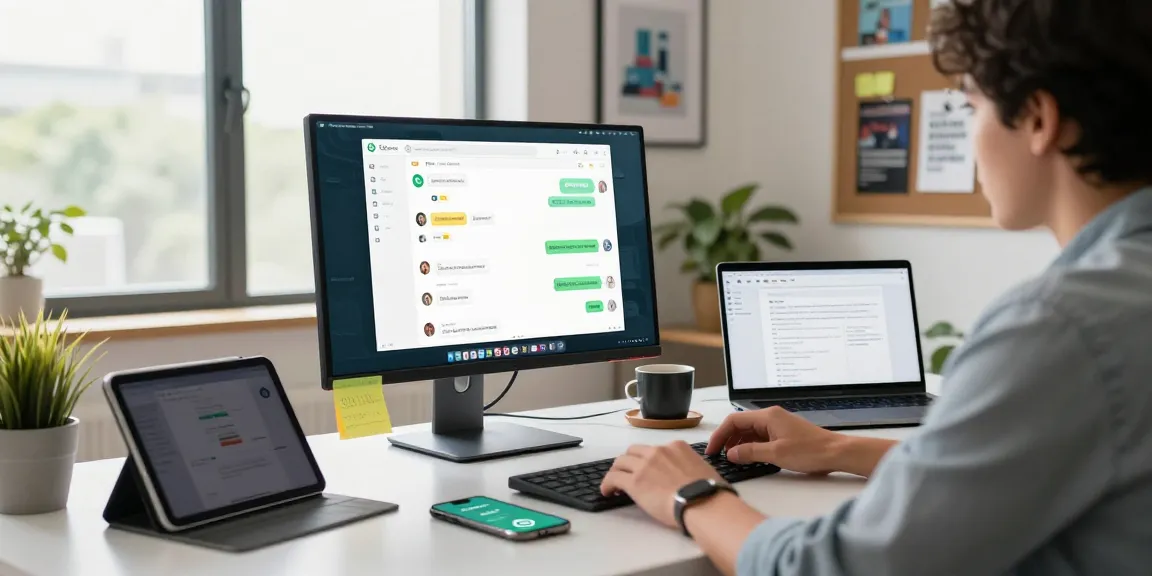 Engaged user utilizing WhatsApp電腦版 on a modern tech workspace.