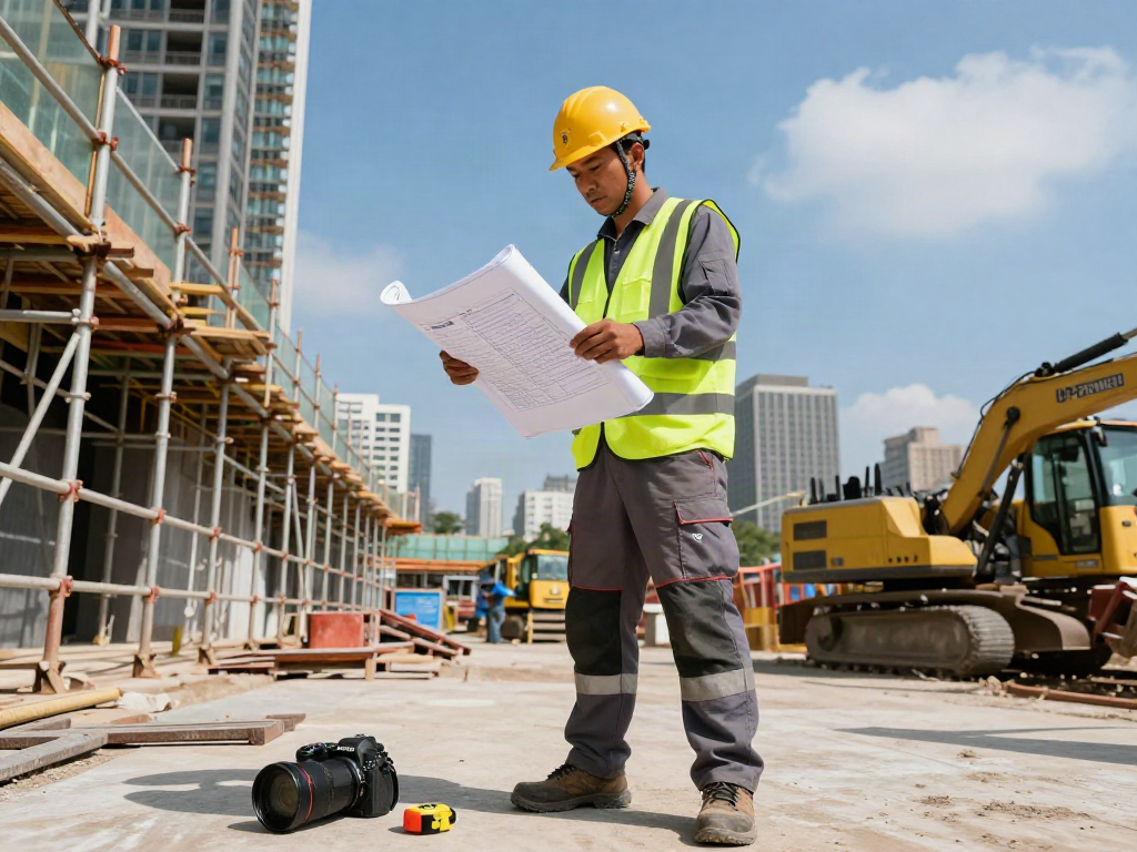 Pantaloni U-Power indossati da un lavoratore edile mentre gestisce un cantiere, circondato da attrezzature e materiali.
