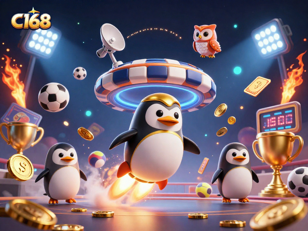 Experience excitement with C168 as a golden penguin heads to a gaming space station.