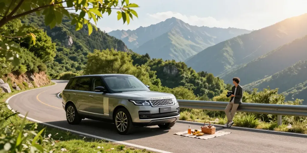 Noleggio lungo termine Land Rover con sfondo montano e picnic.