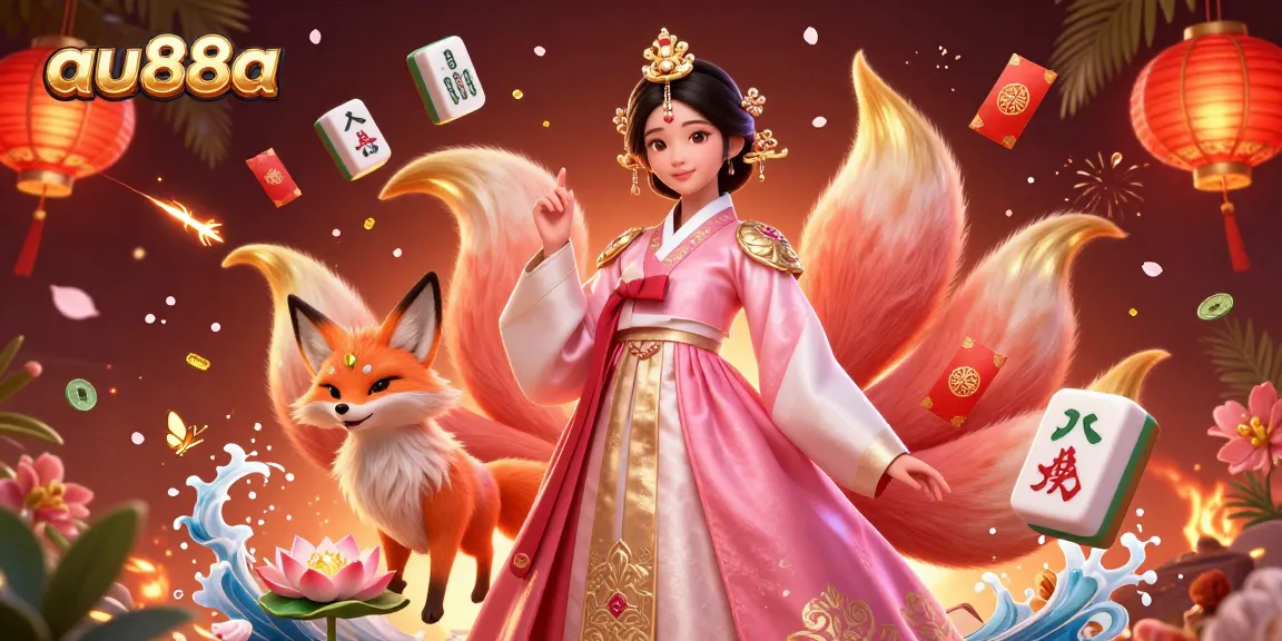 Engage in thrilling casino action with au88a's enchanting 3D illustration showcasing lucky symbols, festive elements, and vibrant colors.