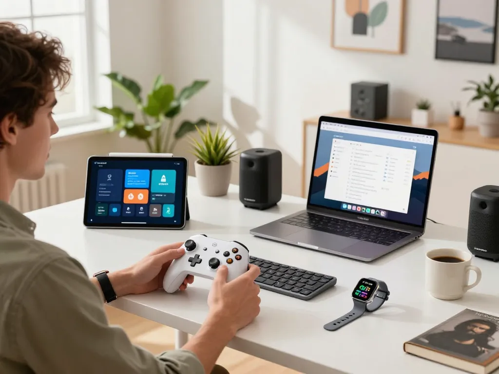 Showcasing affordable tech gadgets in a modern home office, featuring a Bluetooth controller, smartwatch, and keyboard in a bright setting.