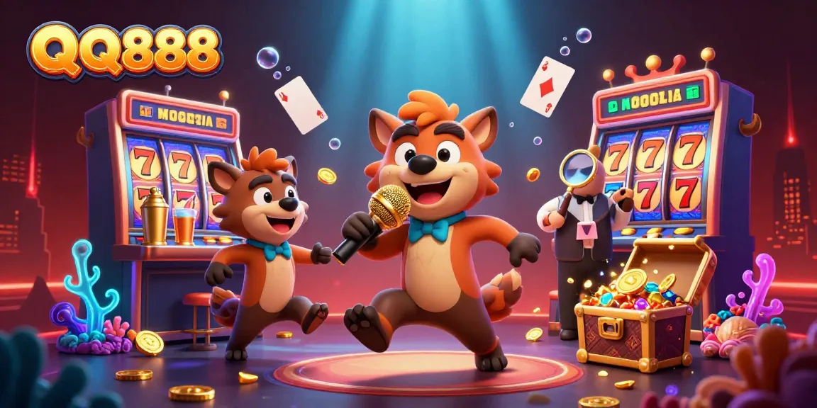 Engage with QQ888's dynamic casino scene featuring vibrant characters and thrilling gaming elements.