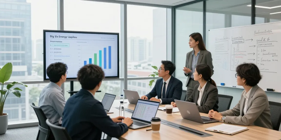 Team evaluating big six energy suppliers in modern conference room