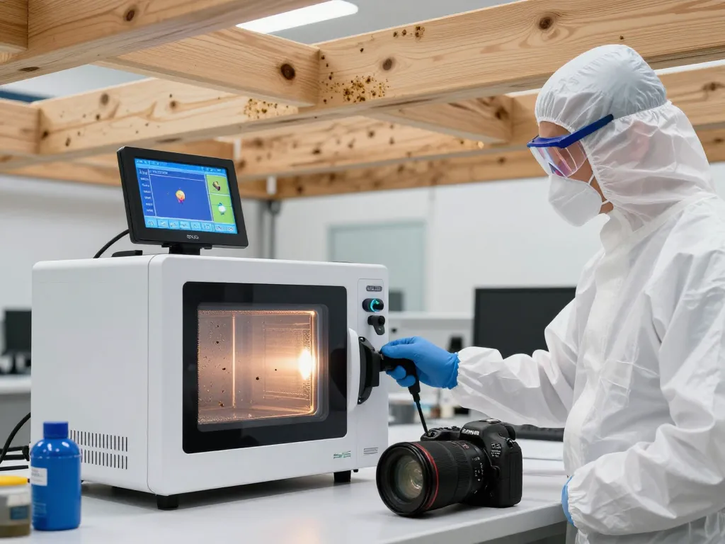 Processo di gestione dei parassiti efficace con sterilizzazione microonde coleottero, con tecnico che utilizza tecnologia a microonde per eliminare coleotteri xilofagi.
