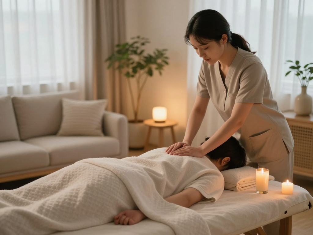 Enjoying a soothing 의정부출장마사지 at home with a professional therapist.