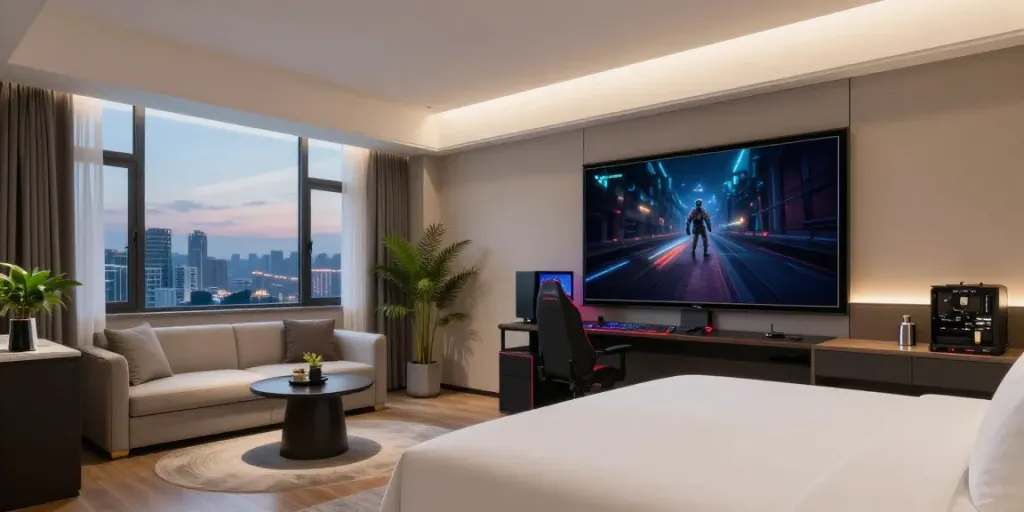 Comfortable hotel room with gaming setup, perfect for rokok88 login experience.