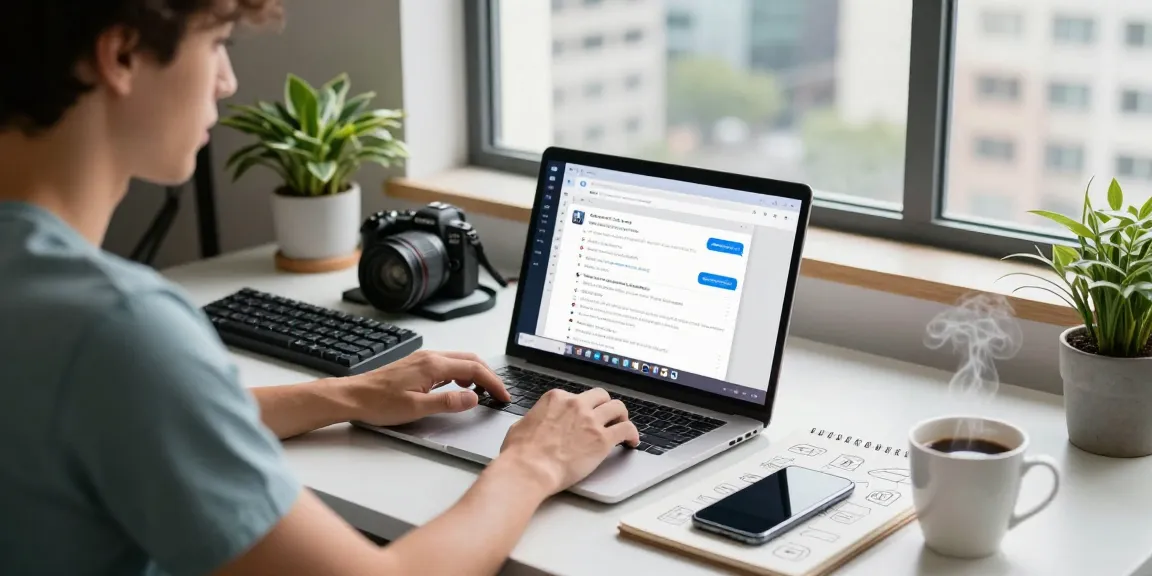 Developer using Telegram web version in a bright workspace with modern tech setup.