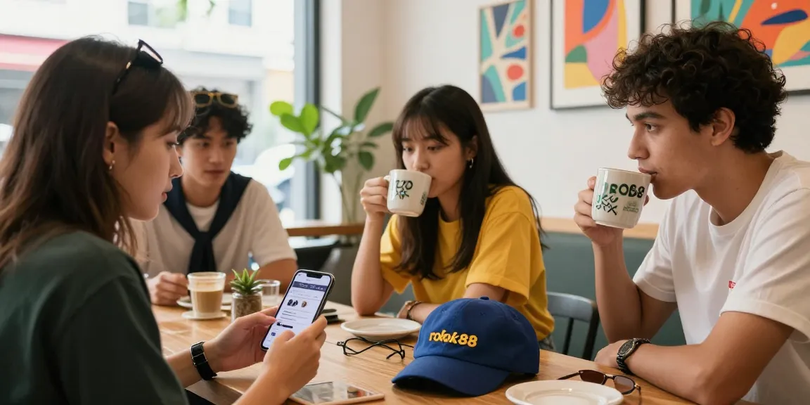 Friends discussing fashion while enjoying coffee at a café, featuring rokok88 merchandise.