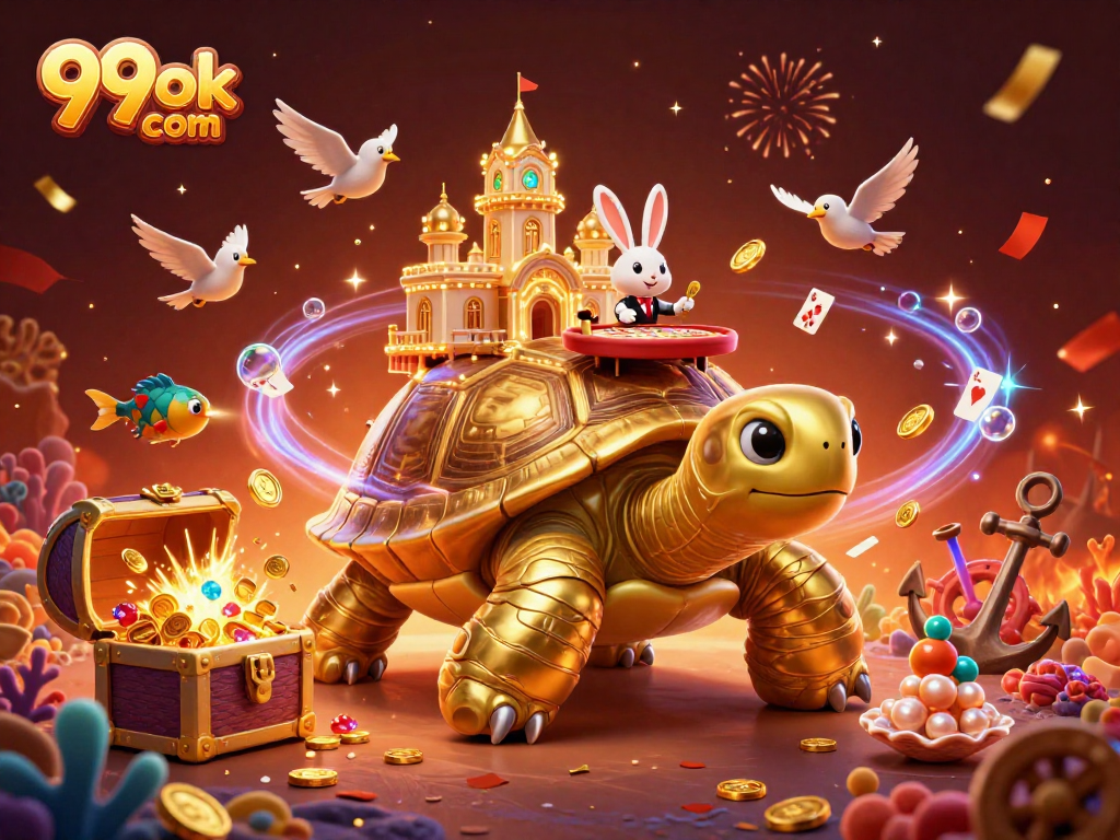 Win big trapping luck with 99ok com's vibrant casino adventure with golden tortoise and lively characters.