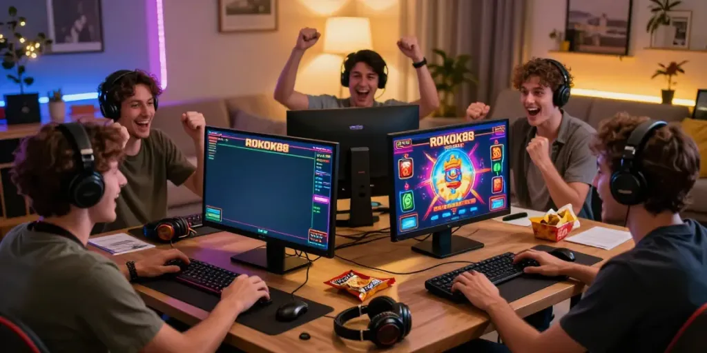 Players enjoying ROKOK88 link online slot games with excitement in a cozy setting.