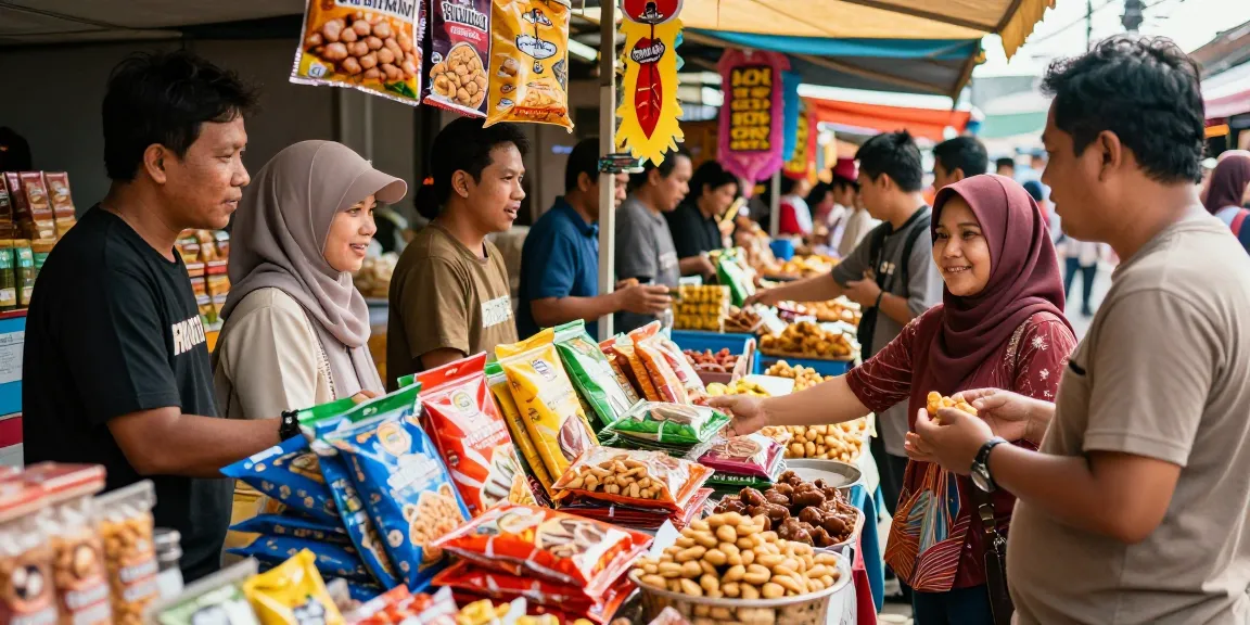 Experience the vibrant diversity of rokok 88's traditional Indonesian snacks in a lively marketplace.
