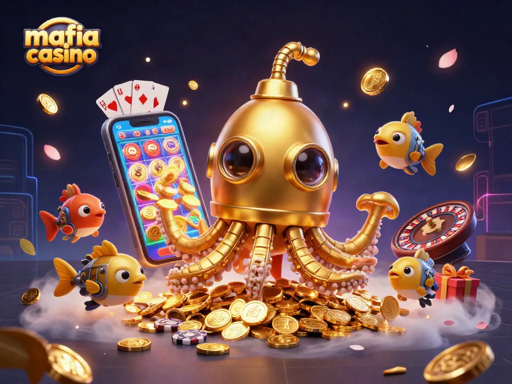 Mafia casino-themed illustration with a golden kraken submarine and colorful slot game elements.