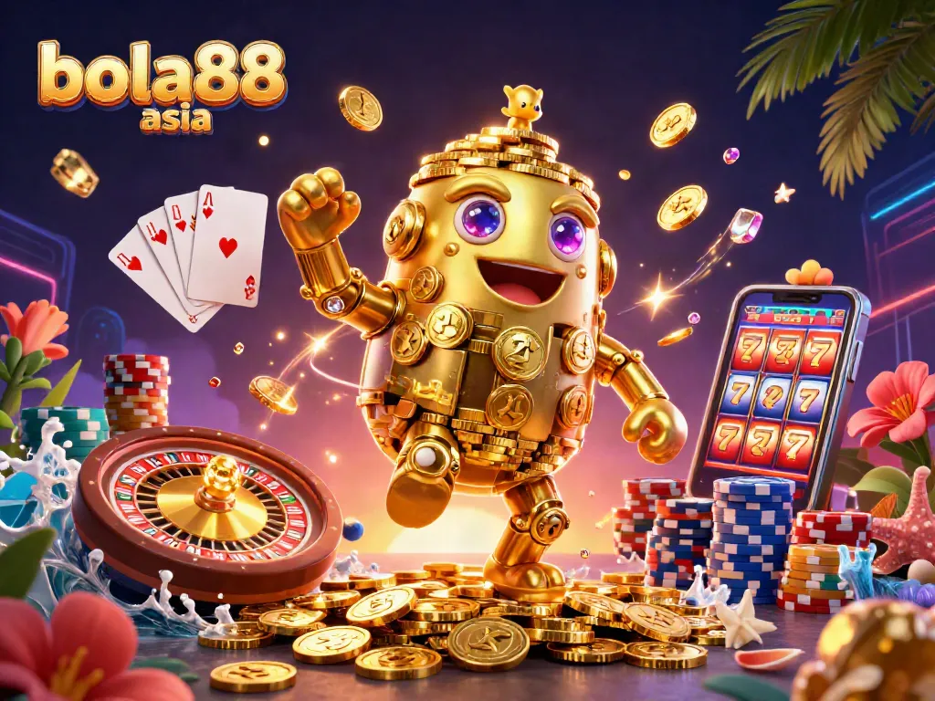 Bola88 Asia gamers enjoying exciting wins with colorful slots and jackpots in a dynamic casino scene