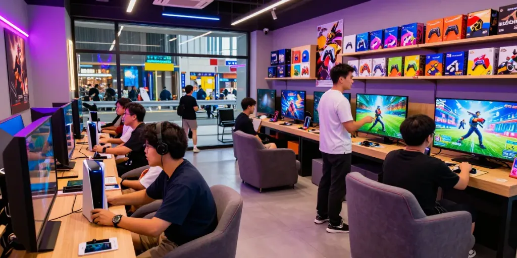 rokok88 gaming shop bustling with customers exploring consoles and accessories