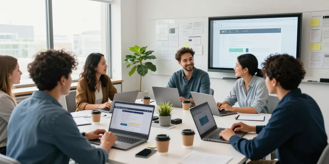 Team collaborating in a modern office, showcasing the WPS Official Website interface for enhanced productivity.